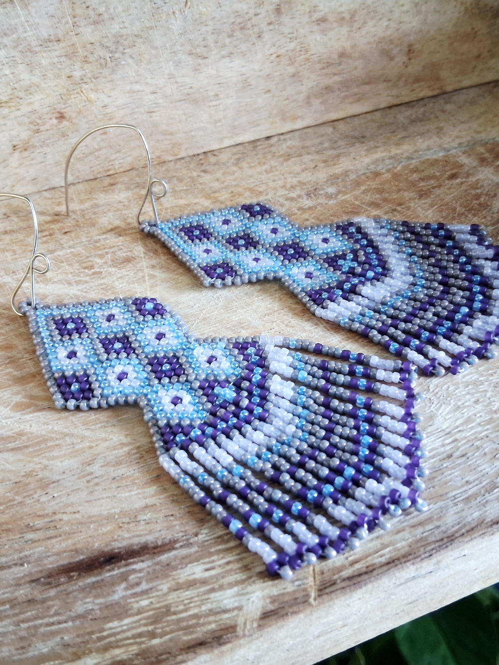 Handmade Geometric Beaded Fringe Earrings, Purple & Blue, 4.5" - Picture 2 of 7